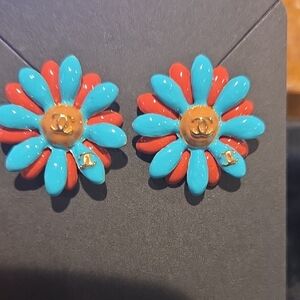 Floral Enamal Earrings with Turquoise and Coral Petals
